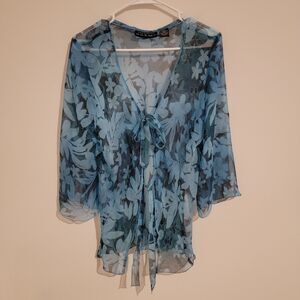 Seperates Tie Front Blouse Sheer Floral Fairy Top Size Large L Blue